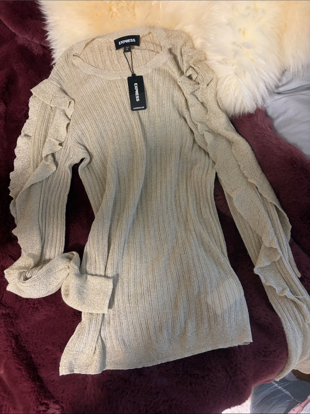 Express Cream Ruffle-Trim Ribbed Crewneck Sweater